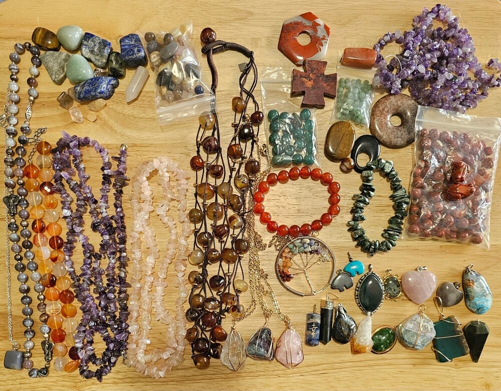 Crystal & Gem Reseller Jewelry Lot: Necklaces, Bracelets, Pendants, Loose Stones
